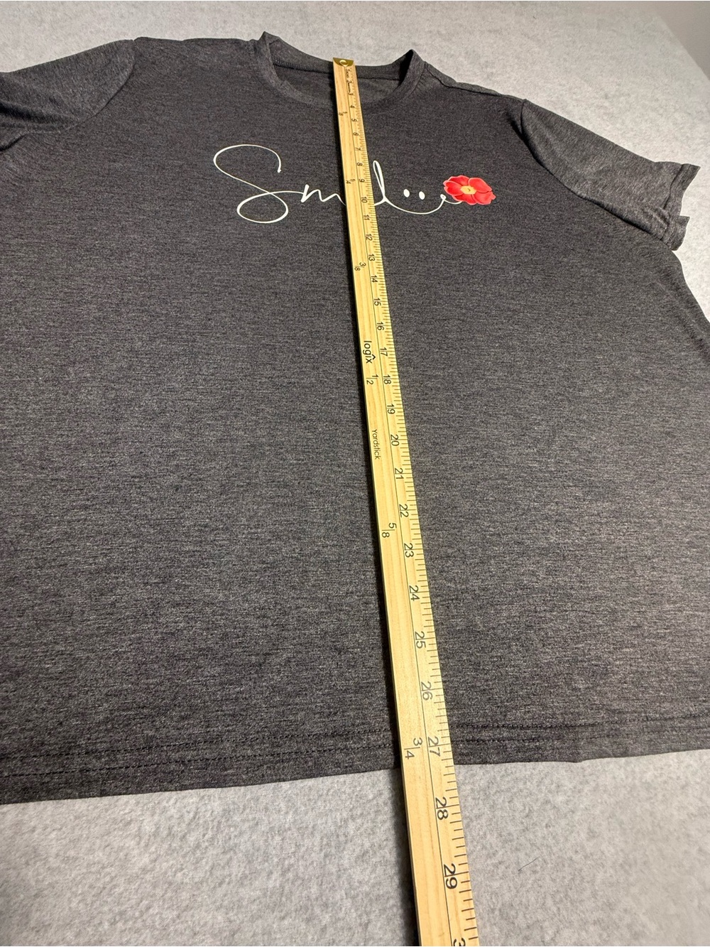 Smile Graphic Tee with Floral Detail Gray Short Sleeve Top Plus Size 3XL - Picture 4 of 9